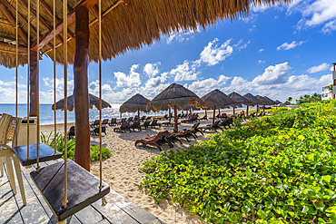 View of beach and sunshades at Puerto Morelos, Caribbean Coast, Yucatan Peninsula, Riviera Maya, Mexico, North America