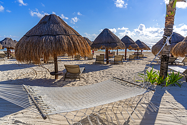 View of hammock on beach at Puerto Morelos, Caribbean Coast, Yucatan Peninsula, Riviera Maya, Mexico, North America