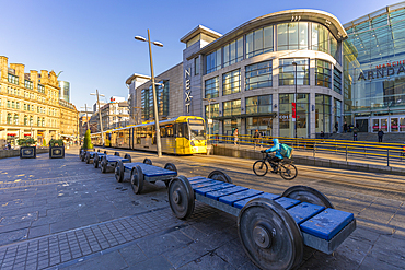 View of city tram in Exchange Square, Manchester, Lancashire, England, United Kingdom, Europe