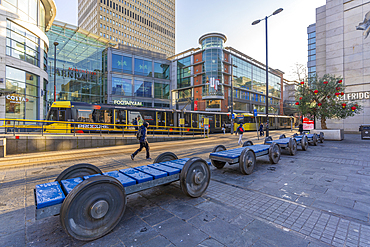 View of city tram in Exchange Square, Manchester, Lancashire, England, United Kingdom, Europe