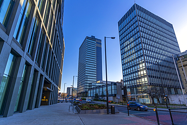 View of contemporary architecture in Angel Square, Manchester, Lancashire, England, United Kingdom, Europe