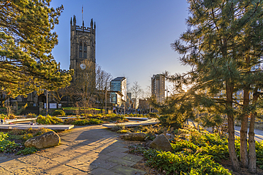 View of Glade of Light memorial and Manchester Cathedral, Manchester, Lancashire, England, United Kingdom, Europe