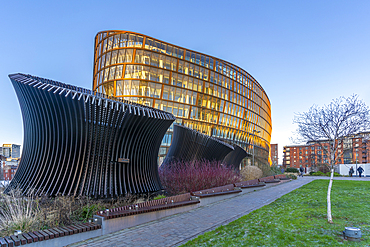 View of contemporary Co-op building in Angel Square, Manchester, Lancashire, England, United Kingdom, Europe