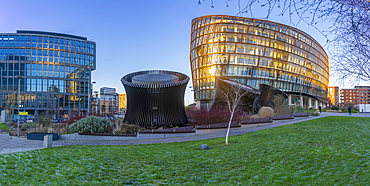 View of contemporary Co-op building in Angel Square, Manchester, Lancashire, England, United Kingdom, Europe