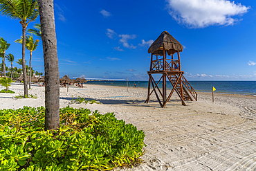 View of beach and lifeguard tower at Puerto Morelos, Caribbean Coast, Yucatan Peninsula, Riviera Maya, Mexico, North America