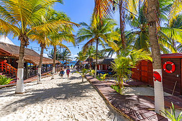 View of restaurants and beach bar at Puerto Morelos, Caribbean Coast, Yucatan Peninsula, Riviera Maya, Mexico, North America