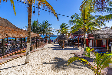 View of restaurants and beach bar at Puerto Morelos, Caribbean Coast, Yucatan Peninsula, Riviera Maya, Mexico, North America