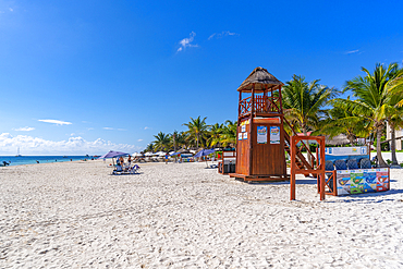 View of beach and lifeguard tower at Puerto Morelos, Caribbean Coast, Yucatan Peninsula, Riviera Maya, Mexico, North America