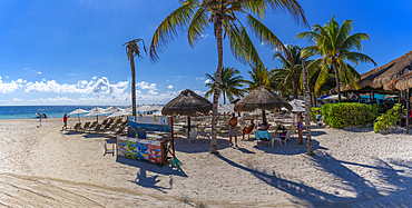 View of beach and palm trees at Puerto Morelos, Caribbean Coast, Yucatan Peninsula, Riviera Maya, Mexico, North America