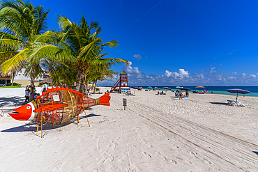 View of beach and palm trees at Puerto Morelos, Caribbean Coast, Yucatan Peninsula, Riviera Maya, Mexico, North America