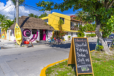 View of colourful shop at Puerto Morelos, Caribbean Coast, Yucatan Peninsula, Riviera Maya, Mexico, North America