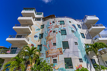 View of wall art on apartment building at Puerto Morelos, Caribbean Coast, Yucatan Peninsula, Riviera Maya, Mexico, North America