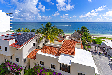 Elevated view of beach and sea at Puerto Morelos, Caribbean Coast, Yucatan Peninsula, Riviera Maya, Mexico, North America