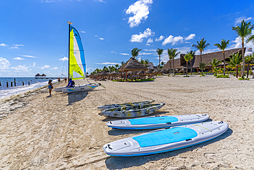 View of water sport equipment on beach at Puerto Morelos, Caribbean Coast, Yucatan Peninsula, Riviera Maya, Mexico, North America