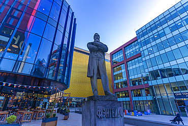 View of Friedrich Engels Statue in Tony Wilson Place, Manchester, Lancashire, England, United Kingdom, Europe