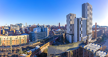 Elevated view of city skyline from Tony Wilson Place, Manchester, Lancashire, England, United Kingdom, Europe