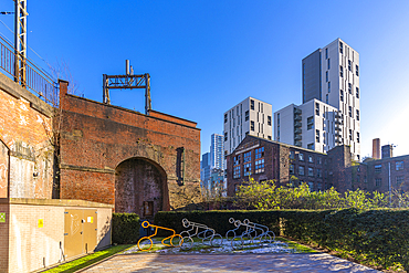 View of apartments and simbolic cycles, Manchester, Lancashire, England, United Kingdom, Europe