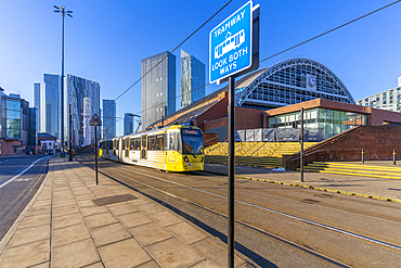 View of apartment buildings, city tram and Manchester Central Convention Complex, Manchester, Lancashire, England, United Kingdom, Europe