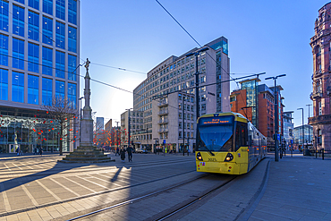 View of city tram in St. Peter's Square, Manchester, Lancashire, England, United Kingdom, Europe