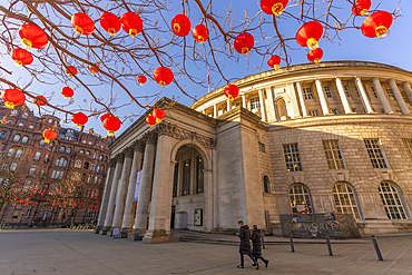 View of Chinese lanterns and Central Library in St. Peter's Square, Manchester, Lancashire, England, United Kingdom, Europe