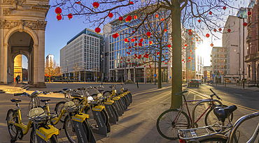 View of cycle hire, Chinese lanterns and Central Library in St. Peter's Square, Manchester, Lancashire, England, United Kingdom, Europe