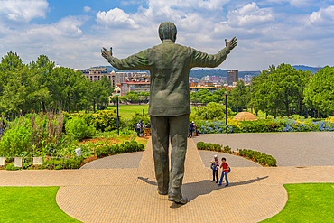 View of Nelson Mandela statue, Pretoria skyline and Union Buildings Gardens from Union Buildings, Pretoria Central, Pretoria, South Africa, Africa