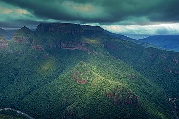 View of moody skies over the Three Rondavels in Blyde River Canyon, Province of Mpumalanga, South Africa, Africa