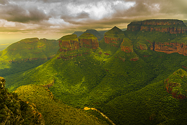 View of moody skies over the Three Rondavels in Blyde River Canyon, Province of Mpumalanga, South Africa, Africa