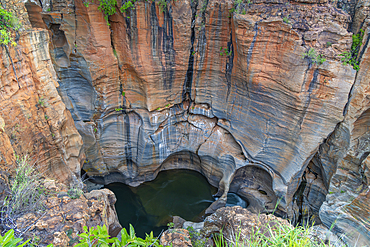 View of complex of smooth, cylindrical potholes and natural rock sculptures at Bourke's Luck Potholes, Blyde River Canyon Nature Reserve, Moremela, Mpumalanga Province, South Africa, Africa