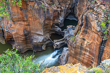 View of complex of smooth, cylindrical potholes and natural rock sculptures at Bourke's Luck Potholes, Blyde River Canyon Nature Reserve, Moremela, Mpumalanga Province, South Africa, Africa