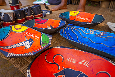 View of hand crafted souvenirs in Mantenga Cultural Village a traditional Eswatini settlement, Malkerns, Eswatini, Africa