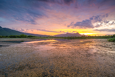 View of Jet lake and Ubombo Mountain from Ghost Mountain Inn at sunrise, Mkuze, KwaZulu-Natal Province, South Africa, Africa