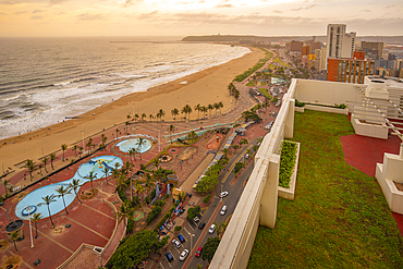 Elevated view of beaches, promenade and Indian Ocean, Durban, KwaZulu-Natal Province, South Africa, Africa