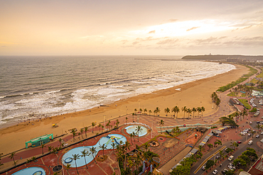 Elevated view of beaches, promenade and Indian Ocean, Durban, KwaZulu-Natal Province, South Africa, Africa