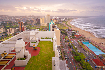 Elevated view of beaches, promenade and Indian Ocean, Durban, KwaZulu-Natal Province, South Africa, Africa