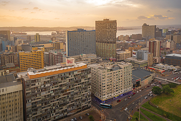 Elevated view of city skyline, Durban, KwaZulu-Natal Province, South Africa, Africa