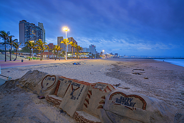 View of beaches, promenade and hotels from New Pier at dusk, Durban, KwaZulu-Natal Province, South Africa, Africa