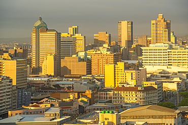 Elevated view of Durban city skyline at sunrise, Durban, KwaZulu-Natal Province, South Africa, Africa