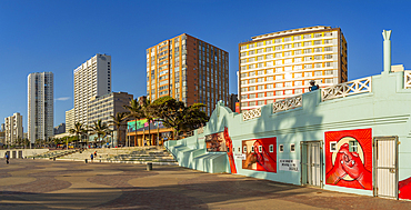 View of promenade, colourful wall art and hotels, Durban, KwaZulu-Natal Province, South Africa, Africa