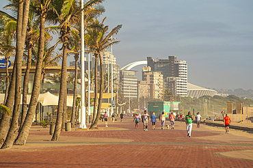 View of promenade and Moses Mabhida Stadium in background, Durban, KwaZulu-Natal Province, South Africa, Africa