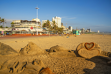 View of promenade, beach and hotels from pier in Indian Ocean, Durban, KwaZulu-Natal Province, South Africa, Africa