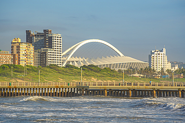 View of Moses Mabhida Stadium from pier in Indian Ocean, Durban, KwaZulu-Natal Province, South Africa, Africa