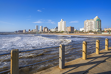 View of promenade, beach and hotels from pier in Indian Ocean, Durban, KwaZulu-Natal Province, South Africa, Africa