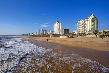 View of promenade, beach and hotels from pier in Indian Ocean, Durban, KwaZulu-Natal Province, South Africa, Africa