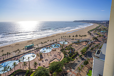 Elevated view of beaches, promenade and Indian Ocean, Durban, KwaZulu-Natal Province, South Africa, Africa