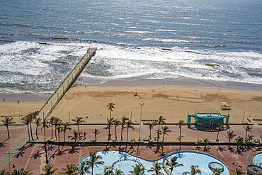 Elevated view of beaches, promenade and Indian Ocean, Durban, KwaZulu-Natal Province, South Africa, Africa