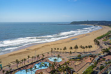 Elevated view of beaches, promenade and Indian Ocean, Durban, KwaZulu-Natal Province, South Africa, Africa