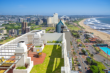 Elevated view of beaches, hotels, promenade and Indian Ocean, Durban, KwaZulu-Natal Province, South Africa, Africa