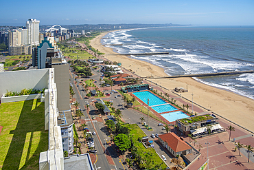 Elevated view of beaches, hotels, promenade and Indian Ocean, Durban, KwaZulu-Natal Province, South Africa, Africa