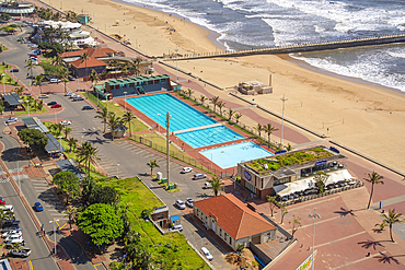 Elevated view of outdoor swimming pool on promenade, Durban, KwaZulu-Natal Province, South Africa, Africa